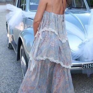 Zara Pale Blue & Cream Backless Maxi Dress